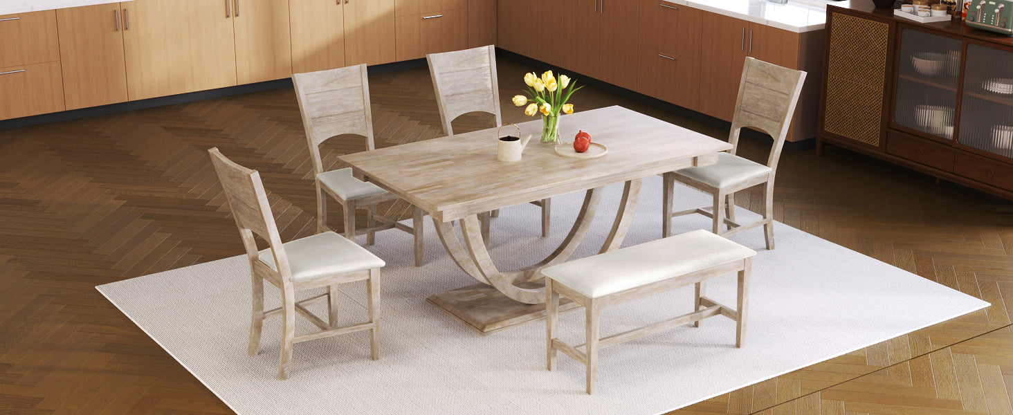 TOPMAX Modern Style Natural Wood 6-Piece Dining Table Set with Bench and Chairs, Upholstered Seats, Rubberwood Frame