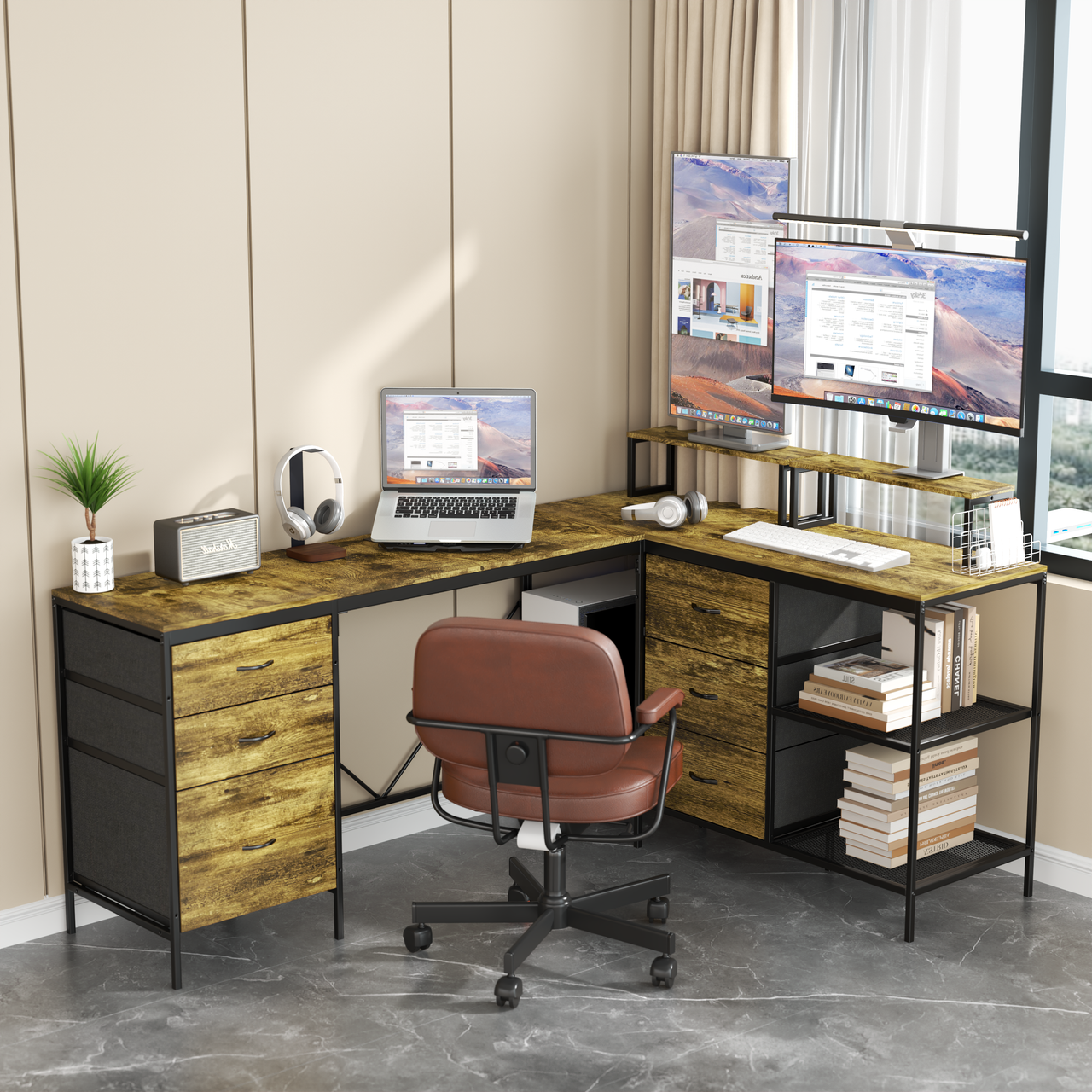 Industrial L-Shaped Computer Desk with Power Outlets & USB-C, Rustic Brown Metal Frame, 6 Fabric Drawers, 3 Open Shelves, Movable Monitor Stands, 114 Inch Corner Office Desk for Gaming and Work