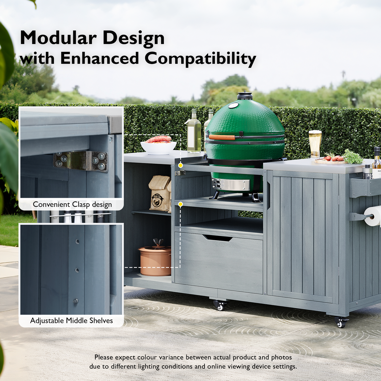 K&K 66.5' Outdoor Kitchen Island for Big Green Egg Grills, Solid Wood Outdoor Grill Cart for Tabletop Grill with Stainless Steel Top, Drawer, Compatible with Large Big Green Egg, Kamado Joe- Grey Blue