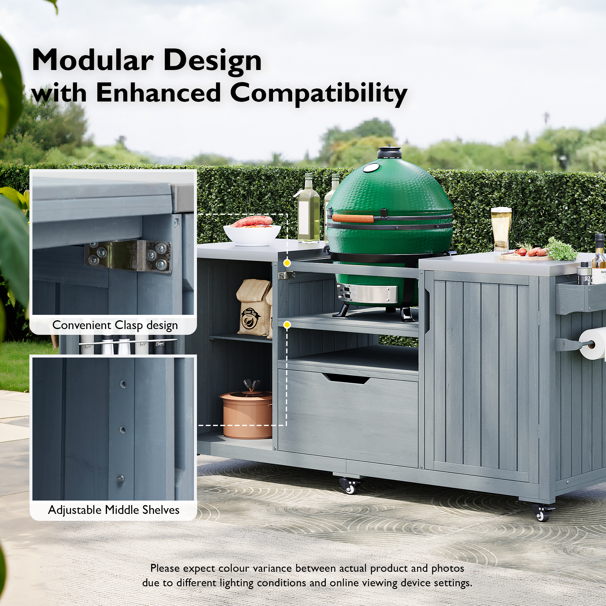 K&K 66.5' Outdoor Kitchen Island for Big Green Egg Grills, Solid Wood Outdoor Grill Cart for Tabletop Grill with Stainless Steel Top, Drawer, Compatible with Large Big Green Egg, Kamado Joe- Grey Blue