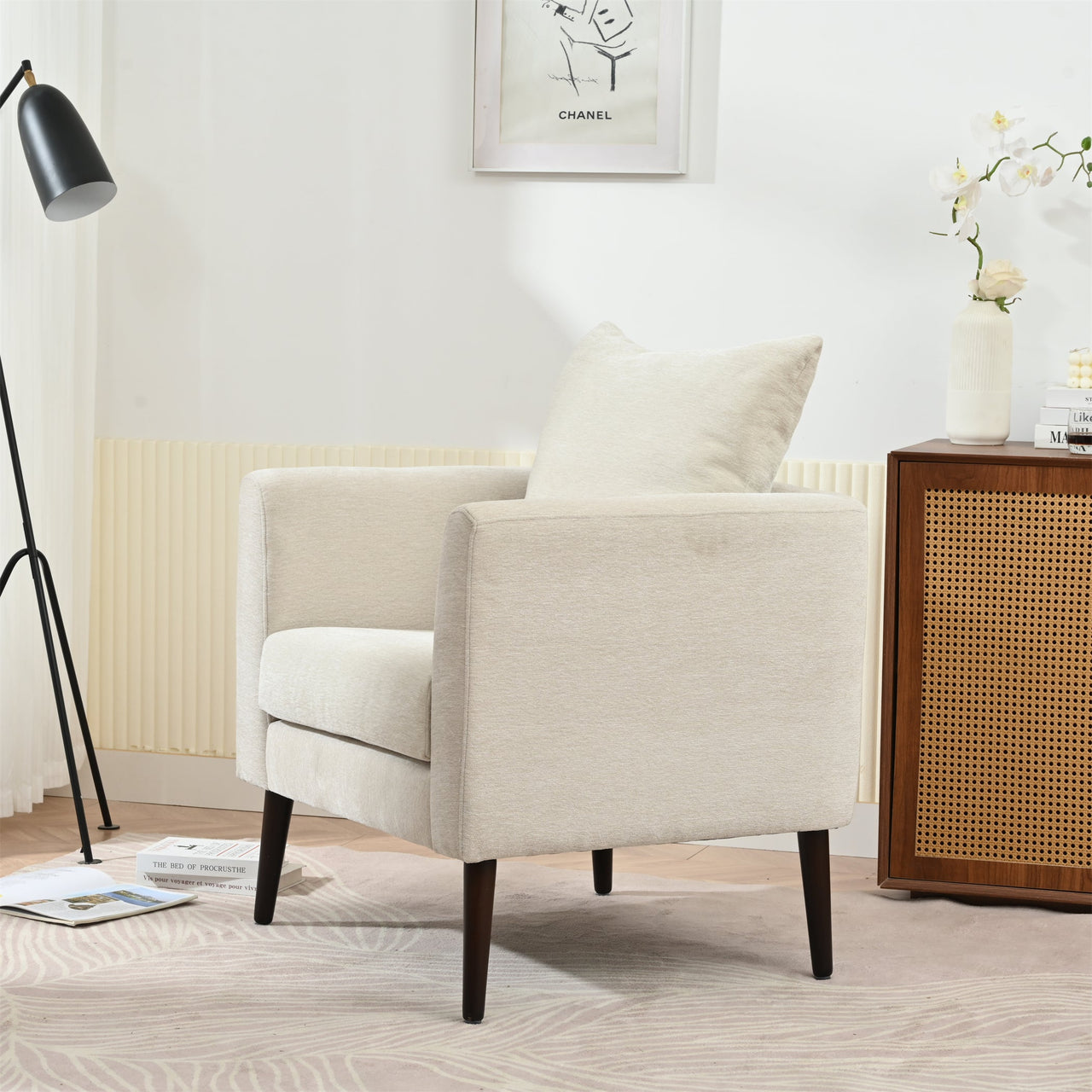 Modern Chenille Accent Chair, Upholstered Armchair for Living Room, Mid Century Fabric Lounge Chair w/Pillow, Comfortable Reading Chair with Wood Legs for Living Room, Bedroom, Reception Room (Beige)