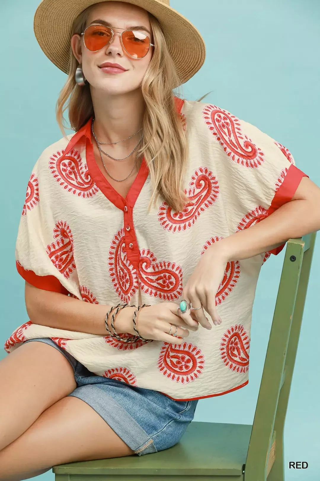 Umgee Paisley Print Contrast Trim Top