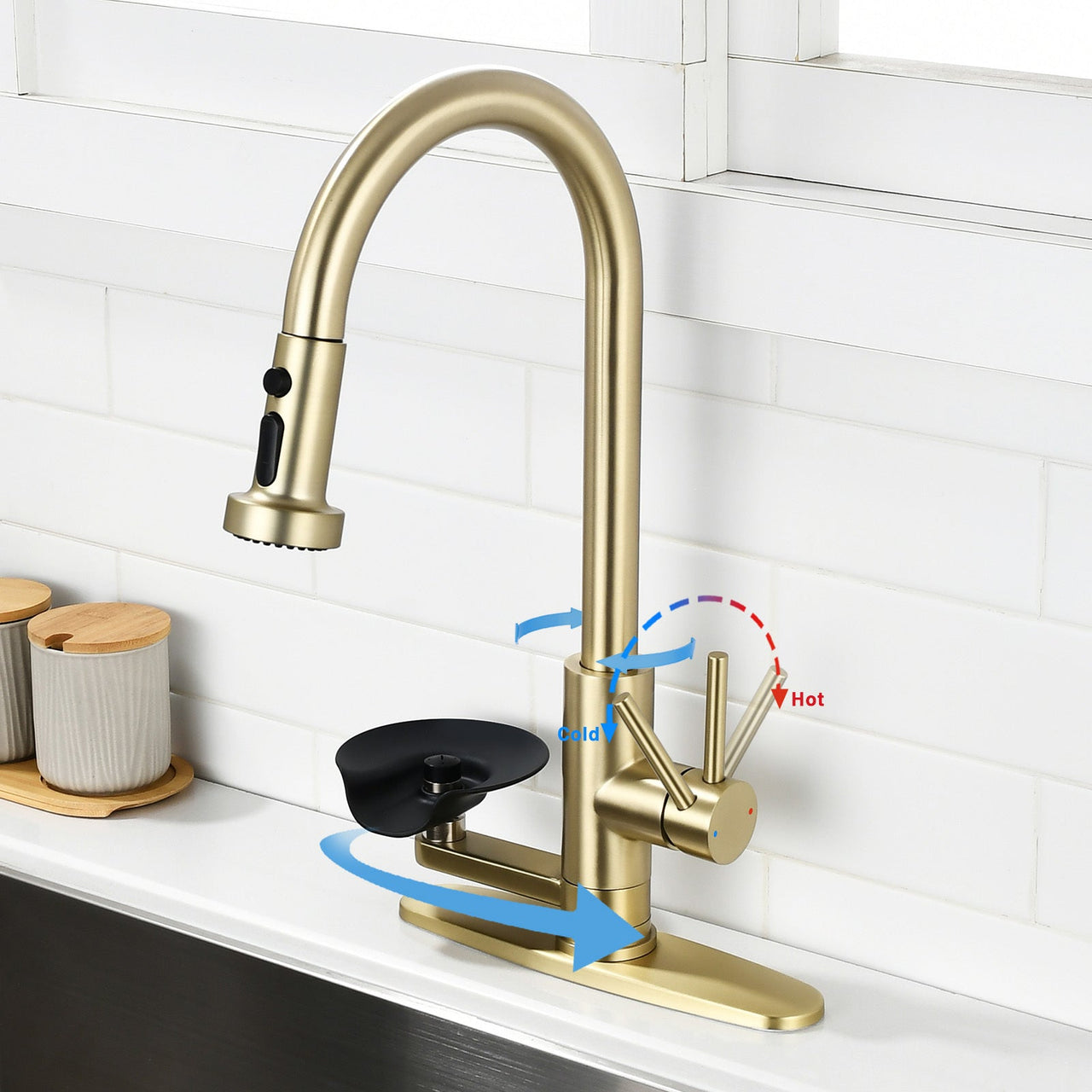 3-in-1 Kitchen Faucet with Press-Type Glass Rinser, Brushed Gold Finish, High-Arc Pull-Down Sprayer, Universal for 1 & 3 Holes, Stainless Steel and ABS Construction