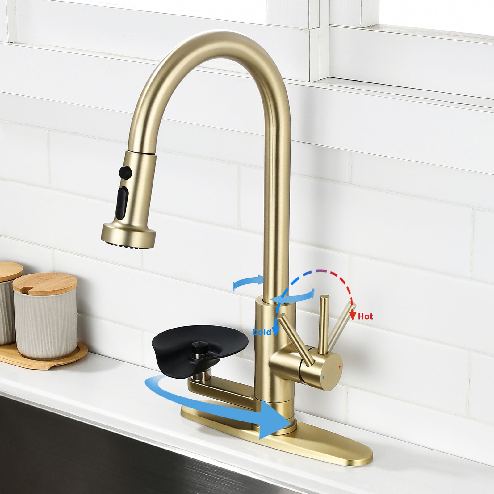 3-in-1 Kitchen Faucet with Press-Type Glass Rinser, Brushed Gold Finish, High-Arc Pull-Down Sprayer, Universal for 1 & 3 Holes, Stainless Steel and ABS Construction