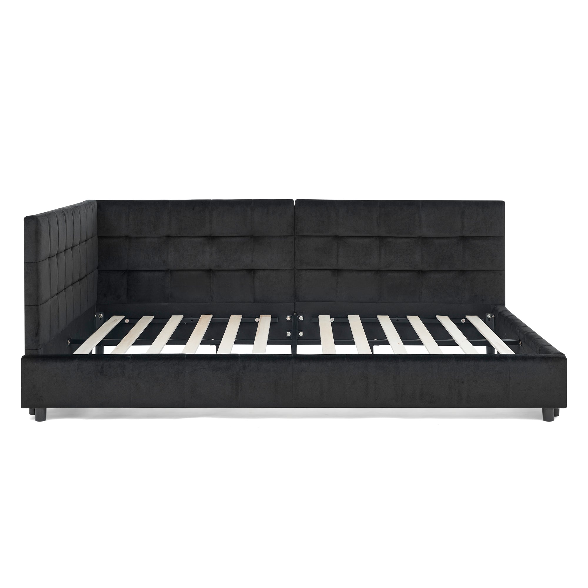 Mid-Century Full Size Upholstered Tufted Bed Frame with Comfortable Backrest and Armrests, Velvet, Black
