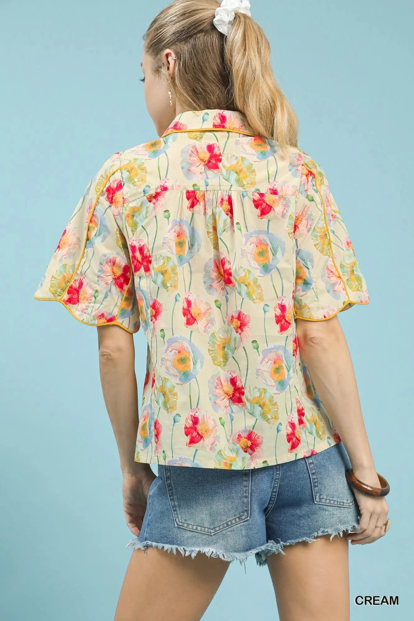 Umgee Floral Print Button-Down Blouse with Flutter Sleeves