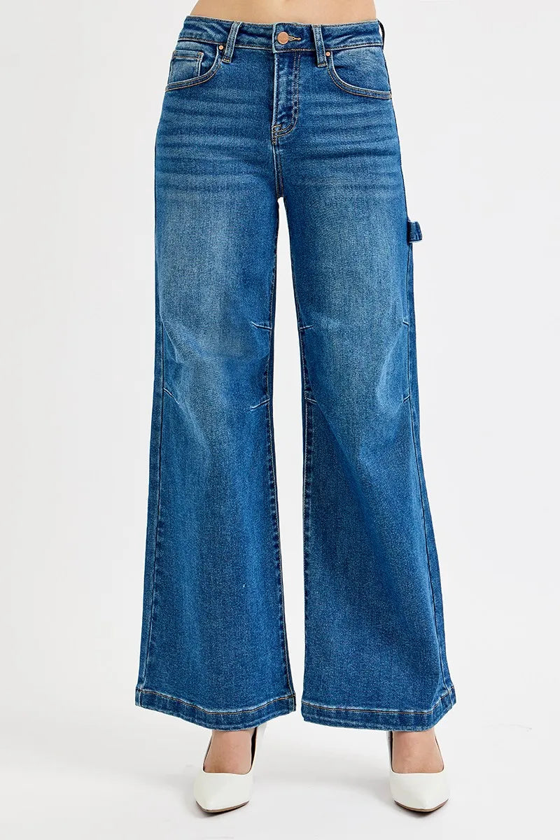 RISEN Full Size High Rise Wide Leg Patch Detailed Jeans Plus Size