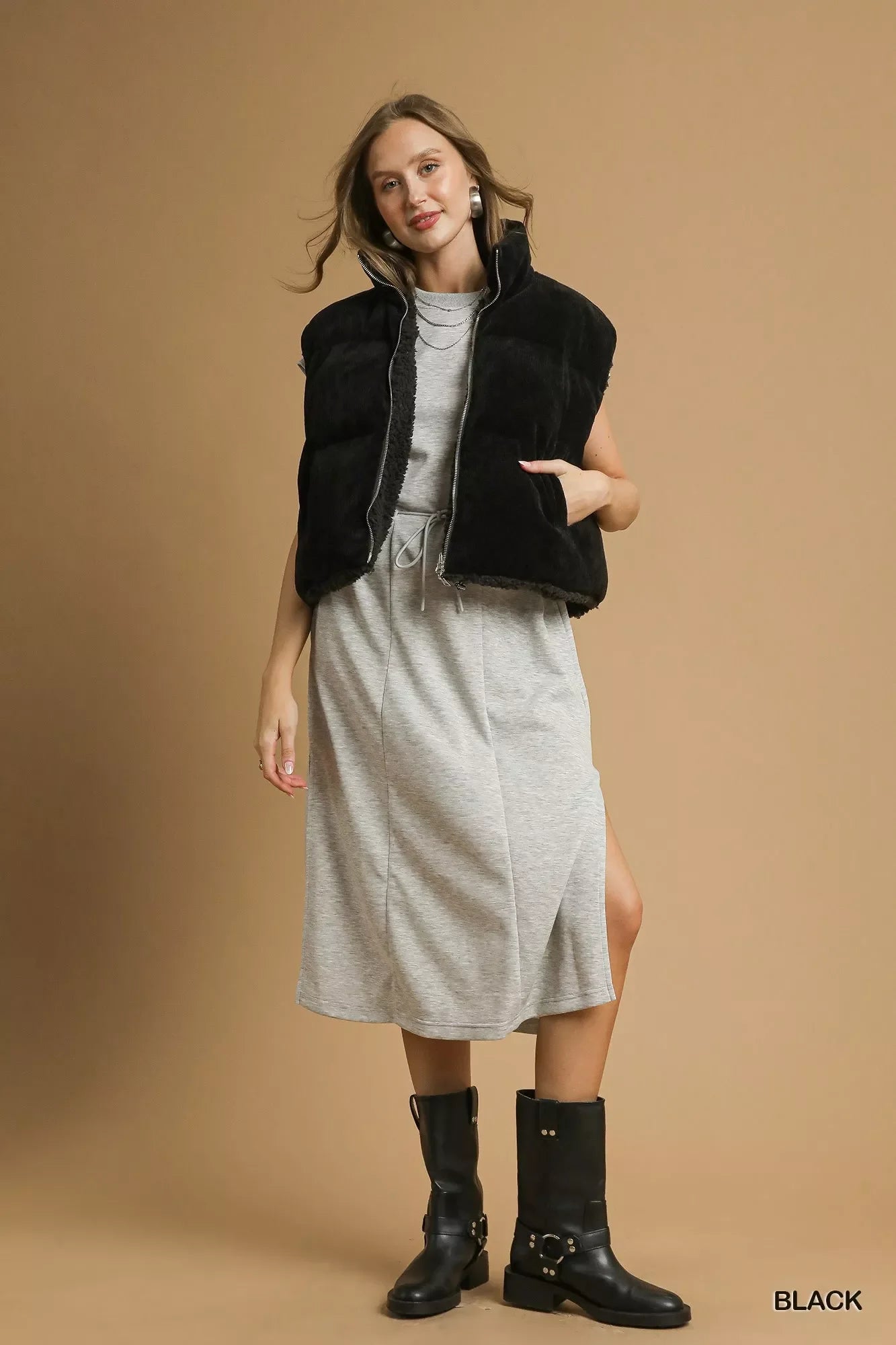 Umgee Sherpa-Lined Zip Vest with Drawstring Hem