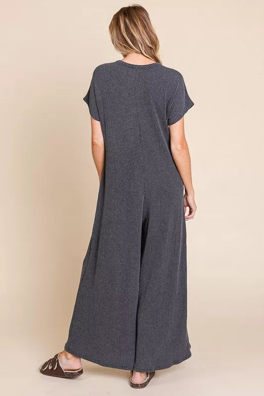 BOMBOM Rib Knit Jumpsuit with Button Detail