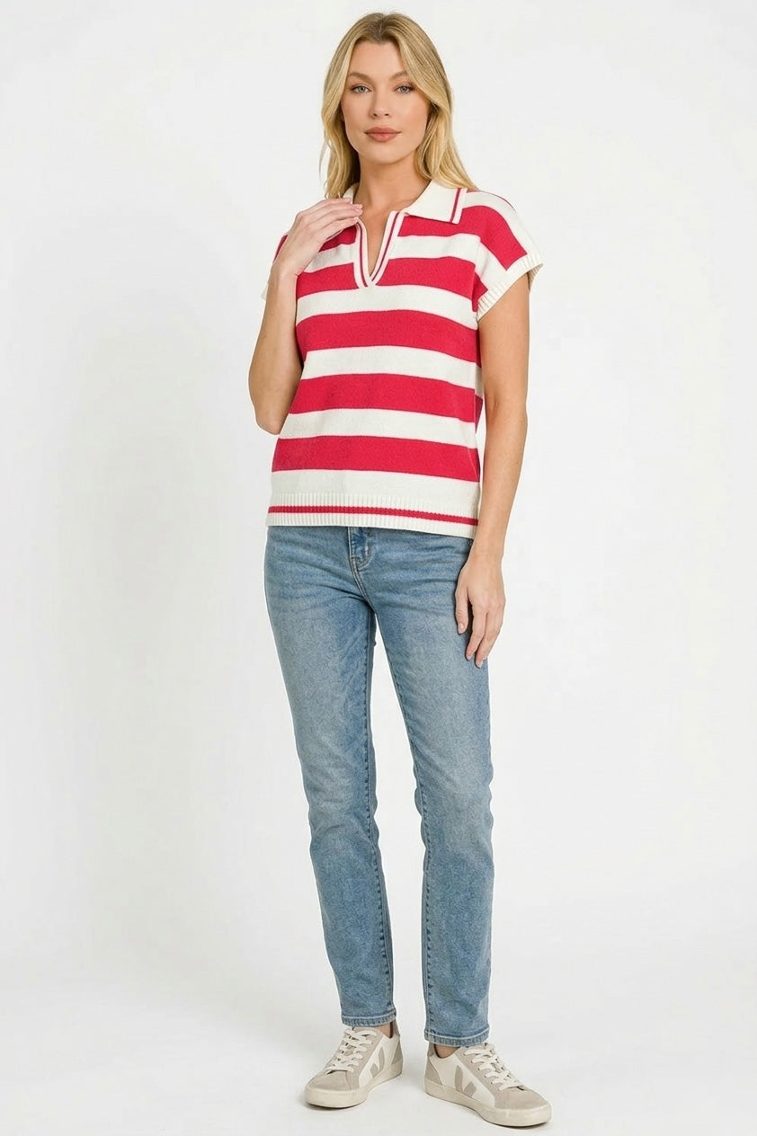 Zenana Striped Collared Short Sleeve Sweater
