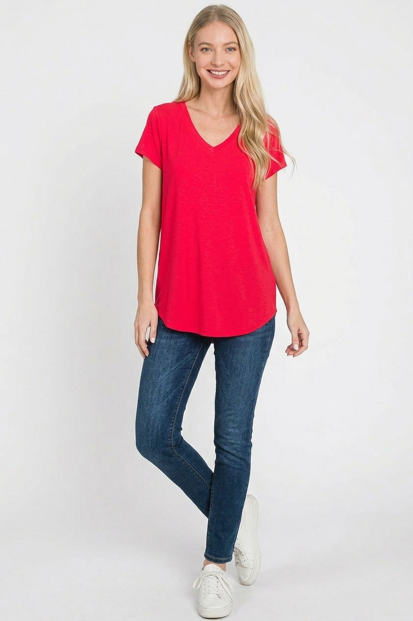 Zenana Rayon Short Sleeve V-neck Round Hem Top