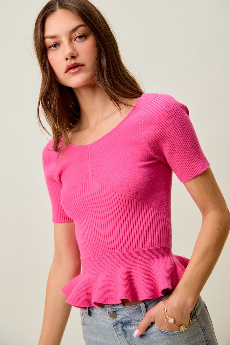 SO ME Ribbed Knit Short Sleeves Peplum Sweater Top