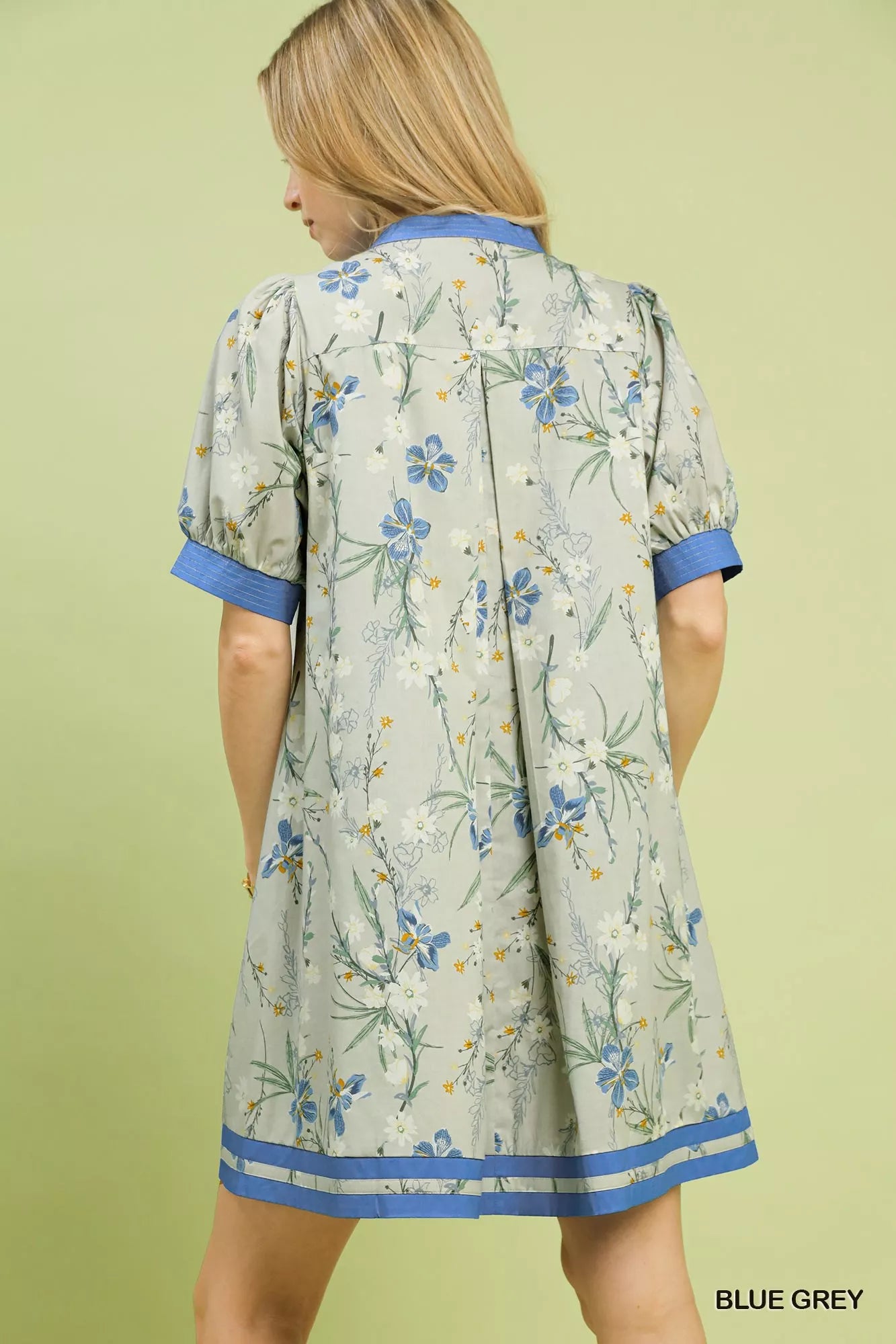 Umgee Floral Puff Sleeve Dress with Contrast Trim