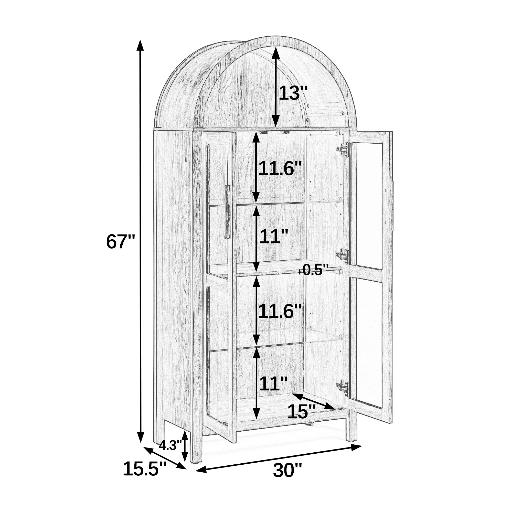 A high arched storage cabinet with a lamp, a modern retro-style wooden storage cabinet with adjustable glass partitions, suitable for use as a multi-functional cabinet in kitchens-Black
