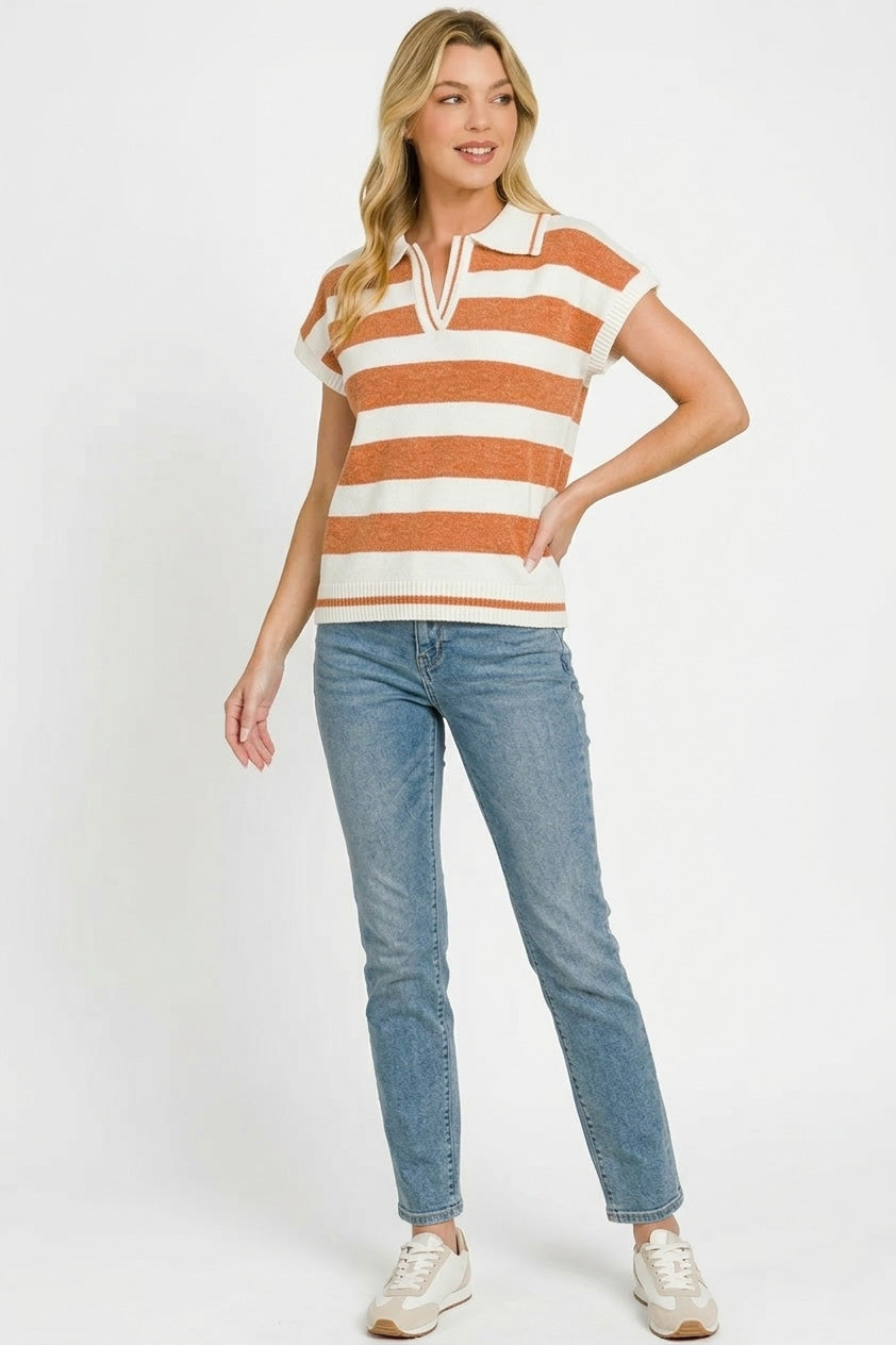 Zenana Striped Collared Short Sleeve Sweater