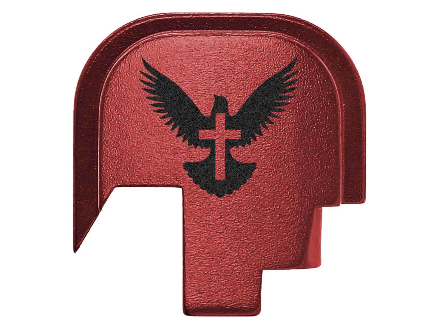 NDZ Performance Slide Cover Back Plate for Smith & Wesson M&P Shield M2.0 Shield Plus 9mm .40 S&W Red Anodized Aluminum w/Black Laser Engraved Spiritual Image - Bible Dove Cross