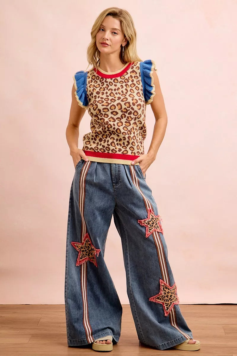 BiBi 4th Of July Leopard Ruffled Detail Knit Top