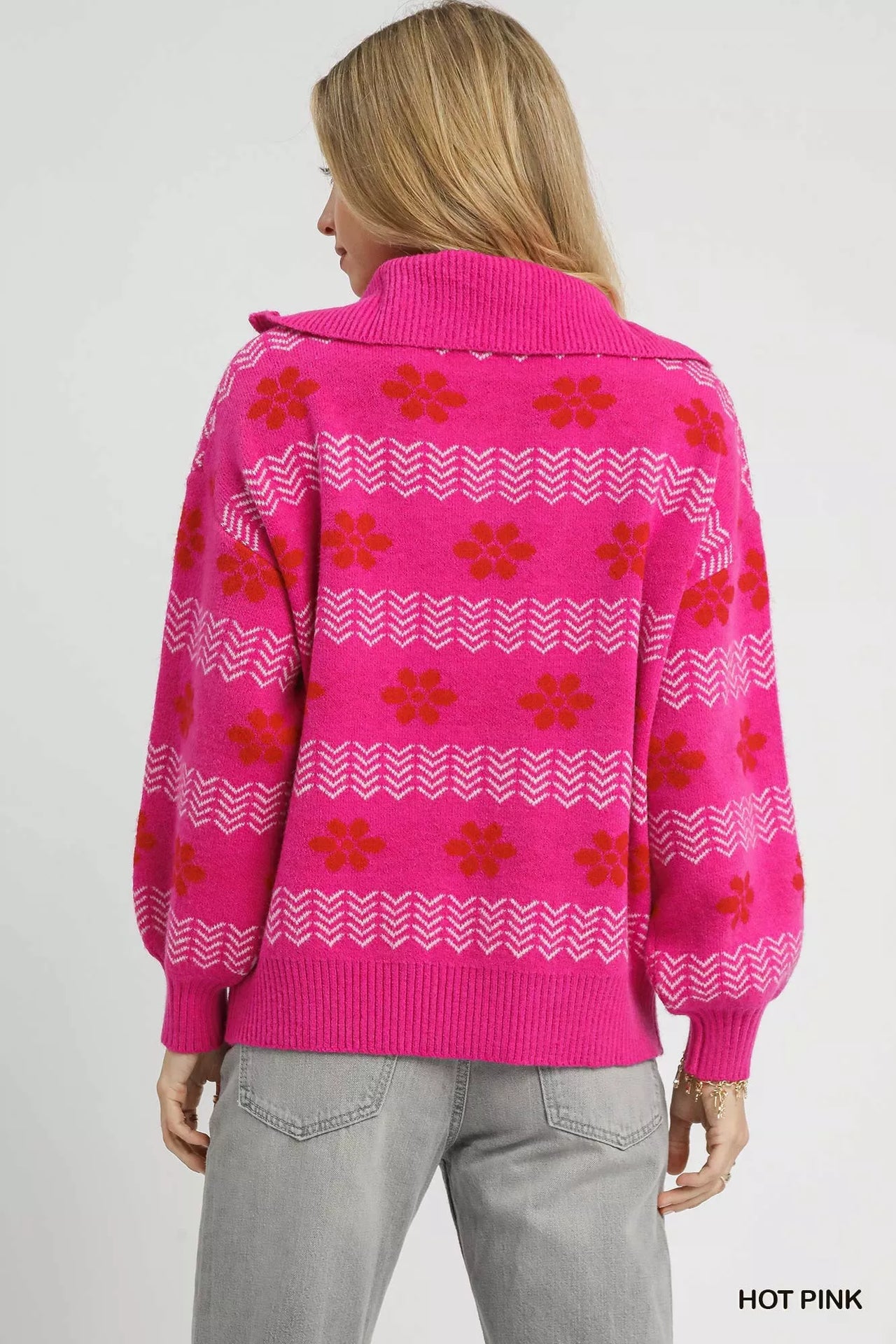 Umgee Floral Patterned Jacquard Quarter-Zip Pullover Sweater