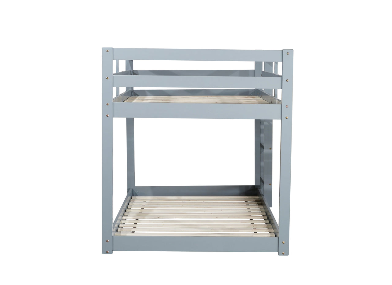 Solid Wooden , Solid Rubber Wooden Twin over Twin Floor Bunk Bed with Ladder ,Upper and Bottom Bed Platforms crafted with Strengthened Slats ,Grey