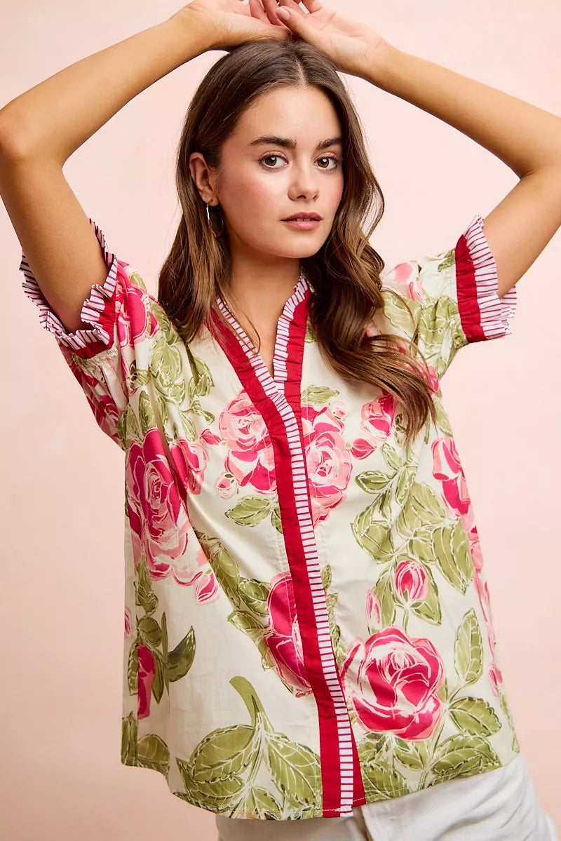 BiBi Floral Printed Woven Contrast Edge Ruffled Blouse