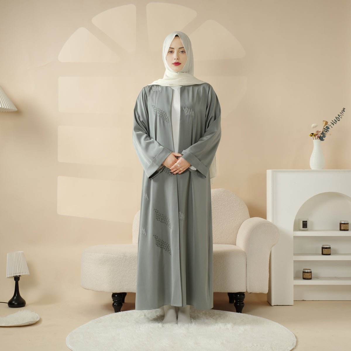 3D Embroidery Abaya With Geometric Beads. 3D Embroidered Open Abaya (MOA085)