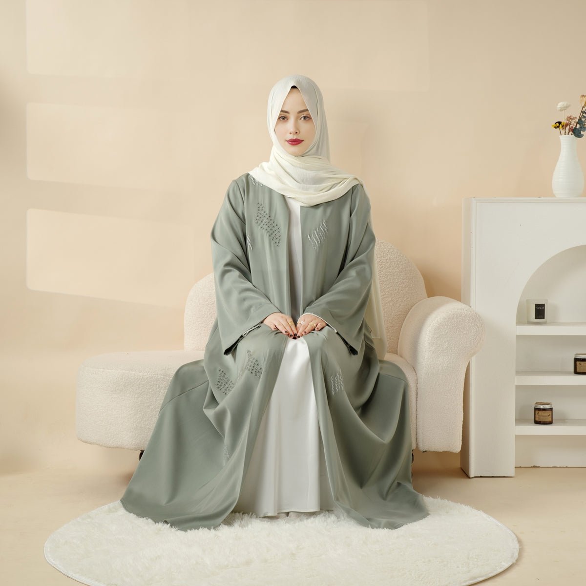 3D Embroidery Abaya With Geometric Beads. 3D Embroidered Open Abaya (MOA085)