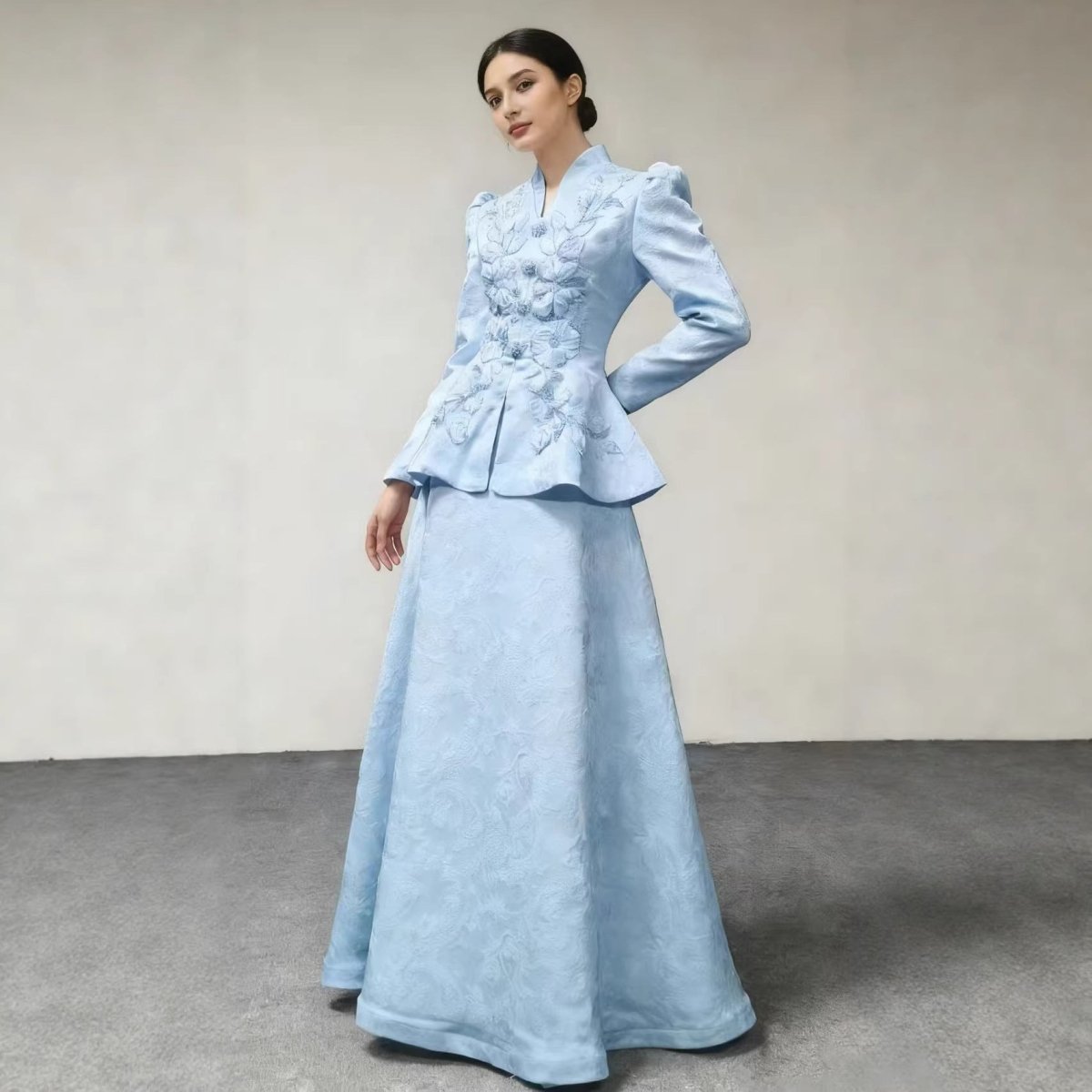 3D Floral Embroidered Peplum Top & Maxi Skirt Set(MS468)
