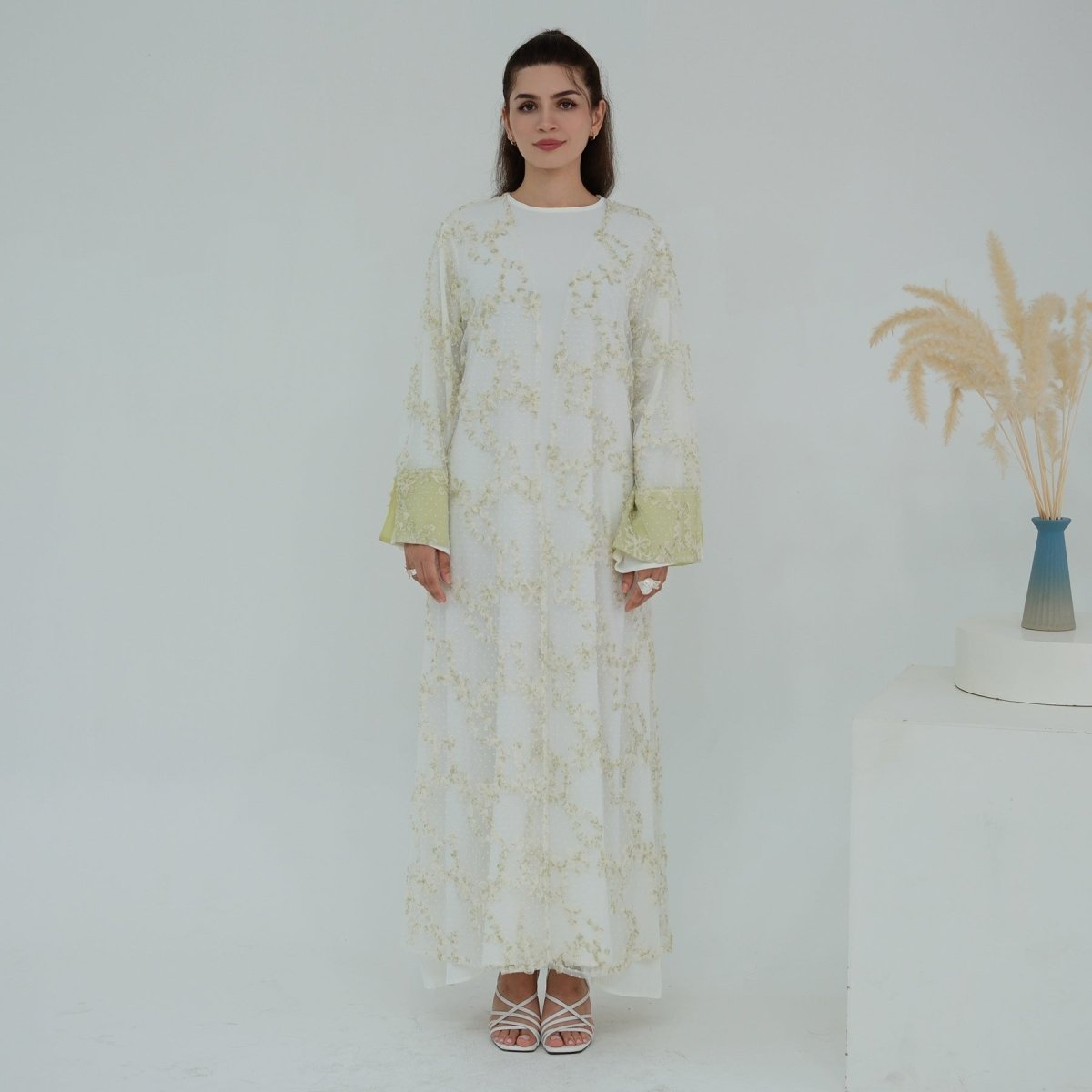 3D Floral Mesh Open Abaya (MOA288)