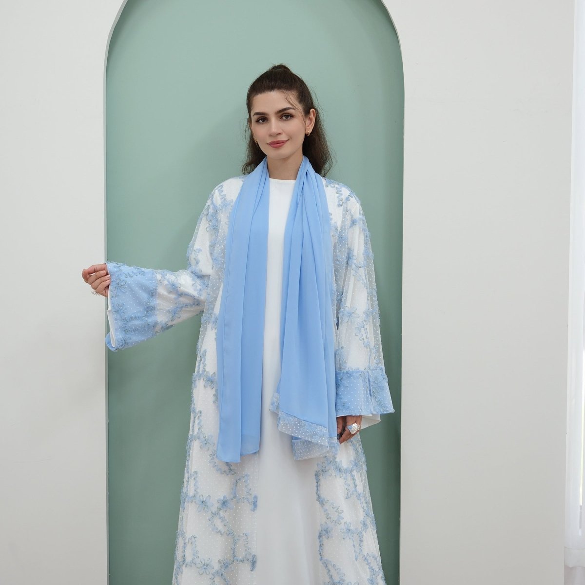 3D Floral Mesh Open Abaya (MOA288)