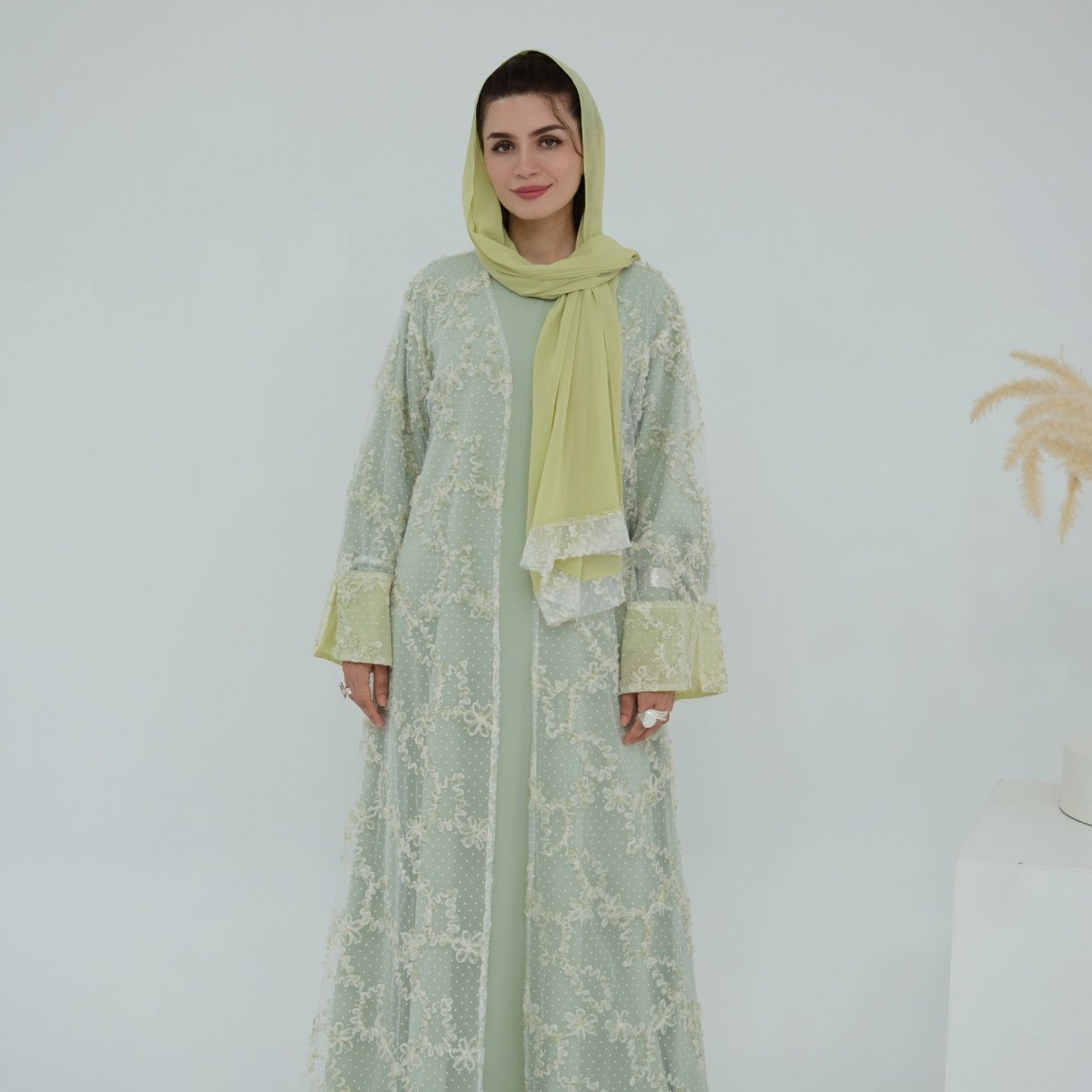 3D Floral Mesh Open Abaya (MOA288)
