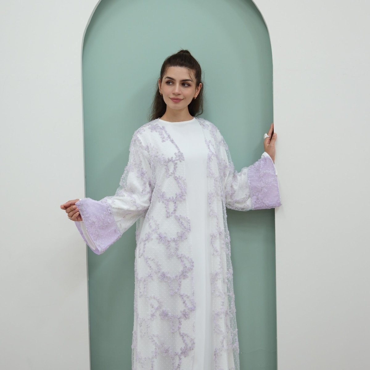 3D Floral Mesh Open Abaya (MOA288)