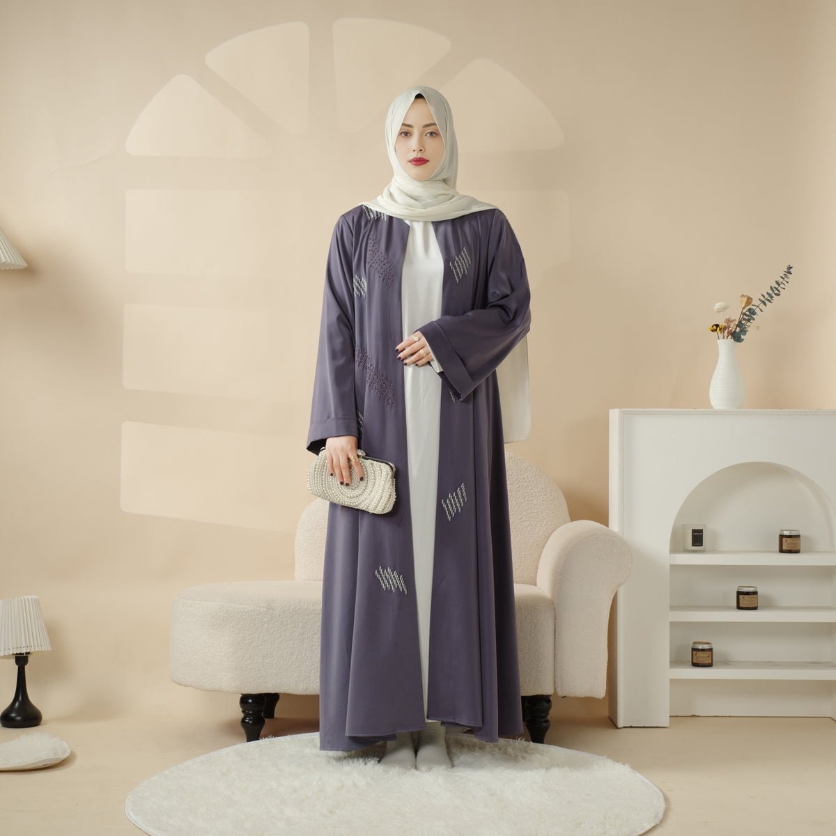 3D Embroidery Abaya With Geometric Beads. 3D Embroidered Open Abaya (MOA085)