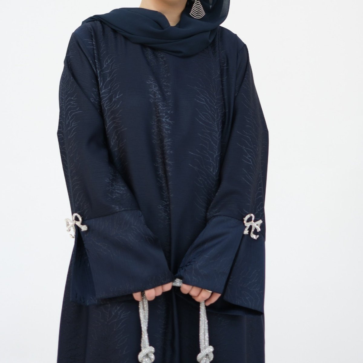 3D Jacquard Bow Abaya & Hijab Set | Butterfly Sleeve Brocade Dress(MA352)