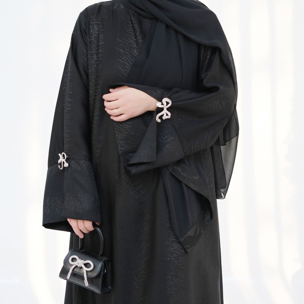 3D Jacquard Bow Abaya & Hijab Set | Butterfly Sleeve Brocade Dress(MA352)