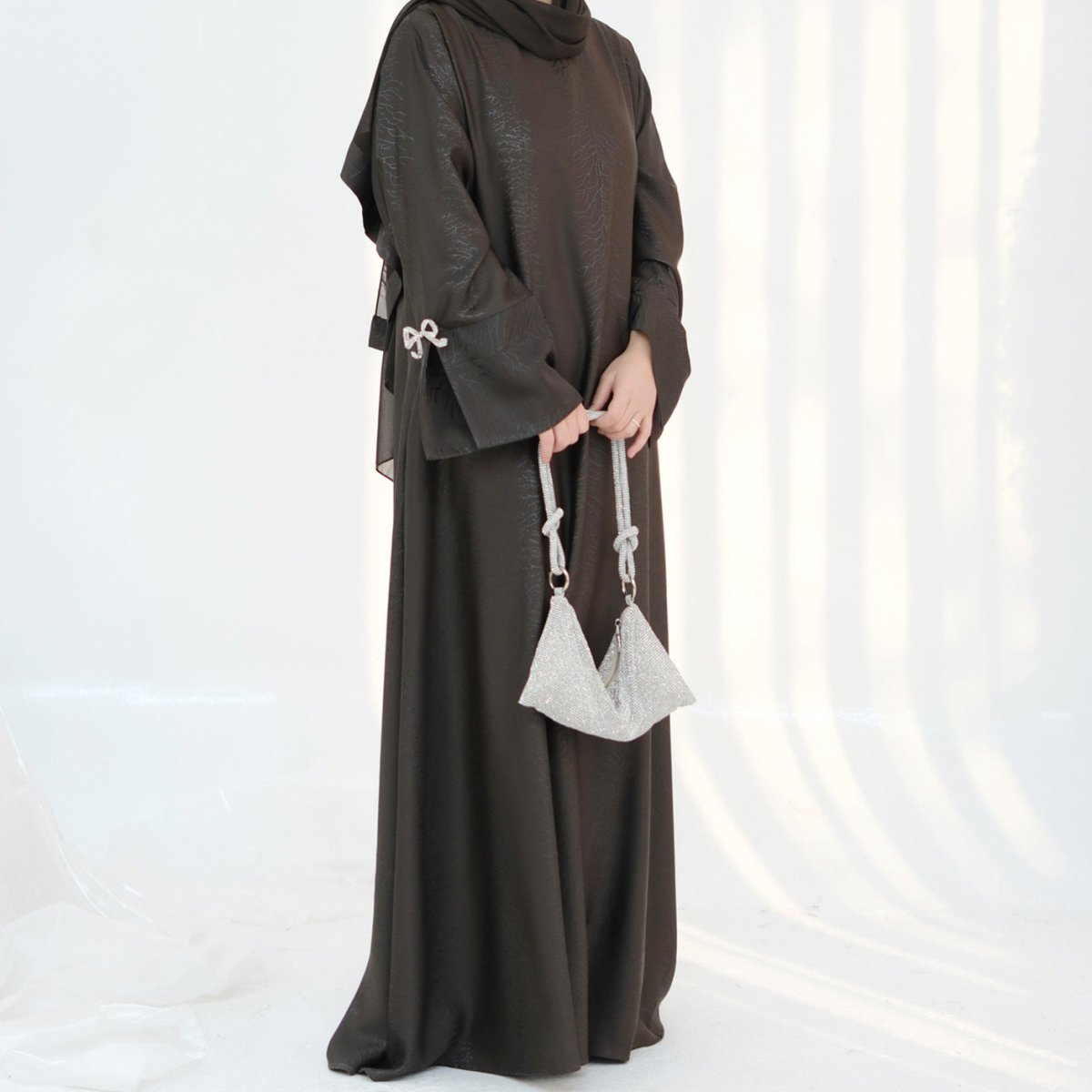 3D Jacquard Bow Abaya & Hijab Set | Butterfly Sleeve Brocade Dress(MA352)