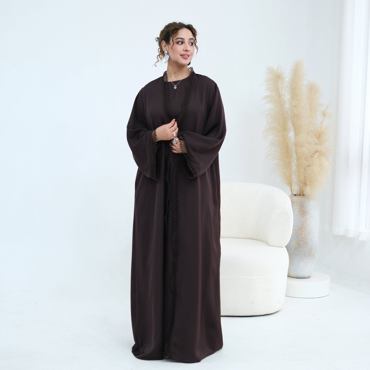 3D Lace Trim Open Abaya & Sleeveless Dress Set(MOA323)