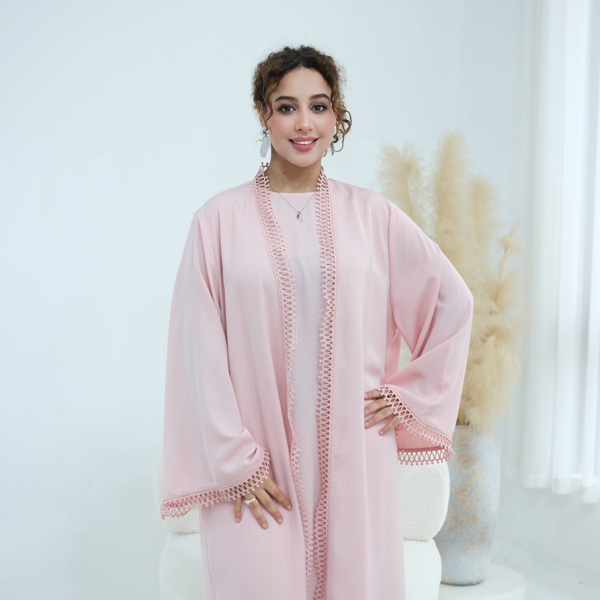 3D Lace Trim Open Abaya & Sleeveless Dress Set(MOA323)