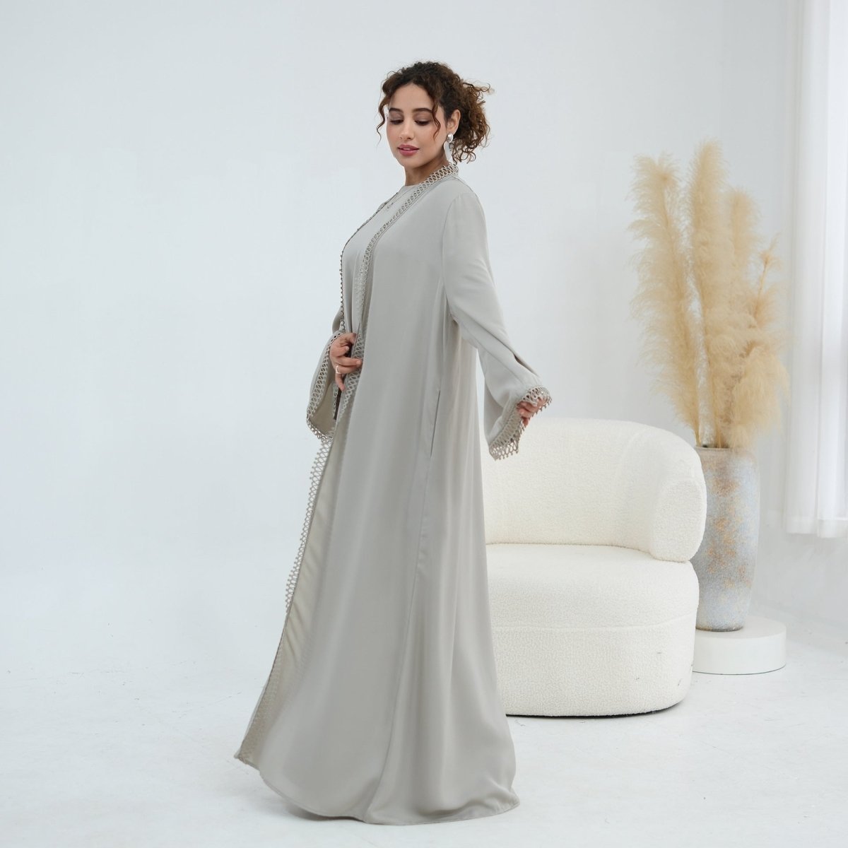 3D Lace Trim Open Abaya & Sleeveless Dress Set(MOA323)