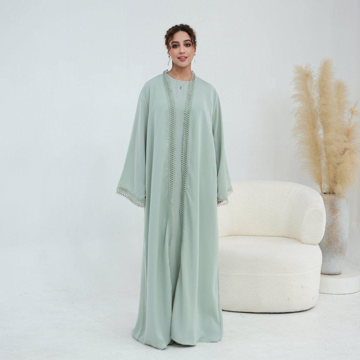 3D Lace Trim Open Abaya & Sleeveless Dress Set(MOA323)
