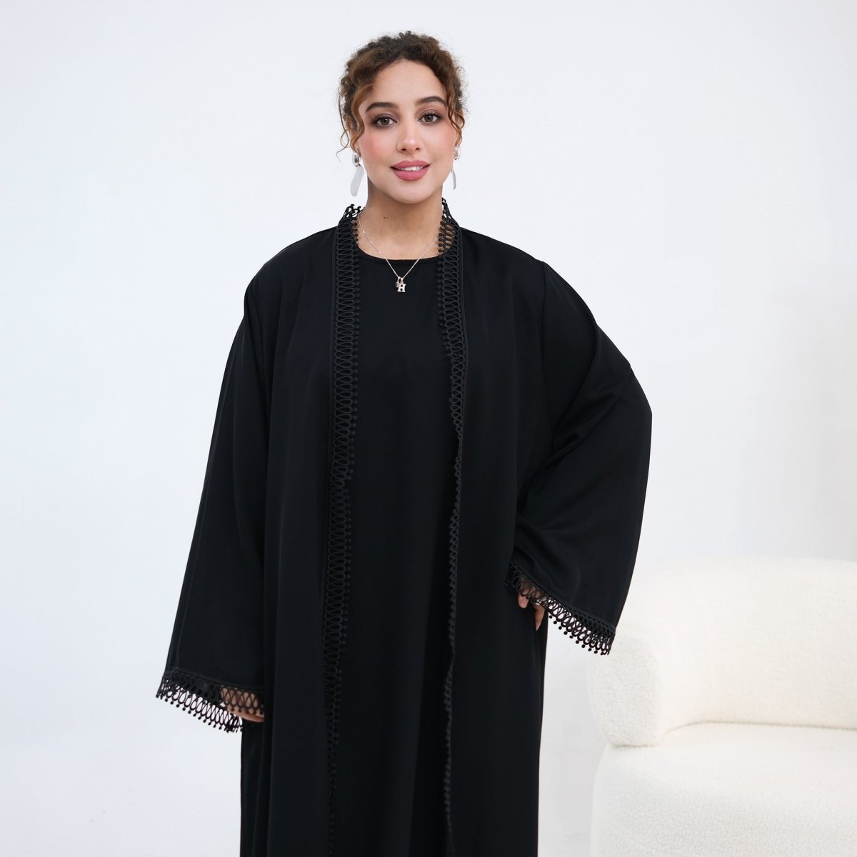 3D Lace Trim Open Abaya & Sleeveless Dress Set(MOA323)