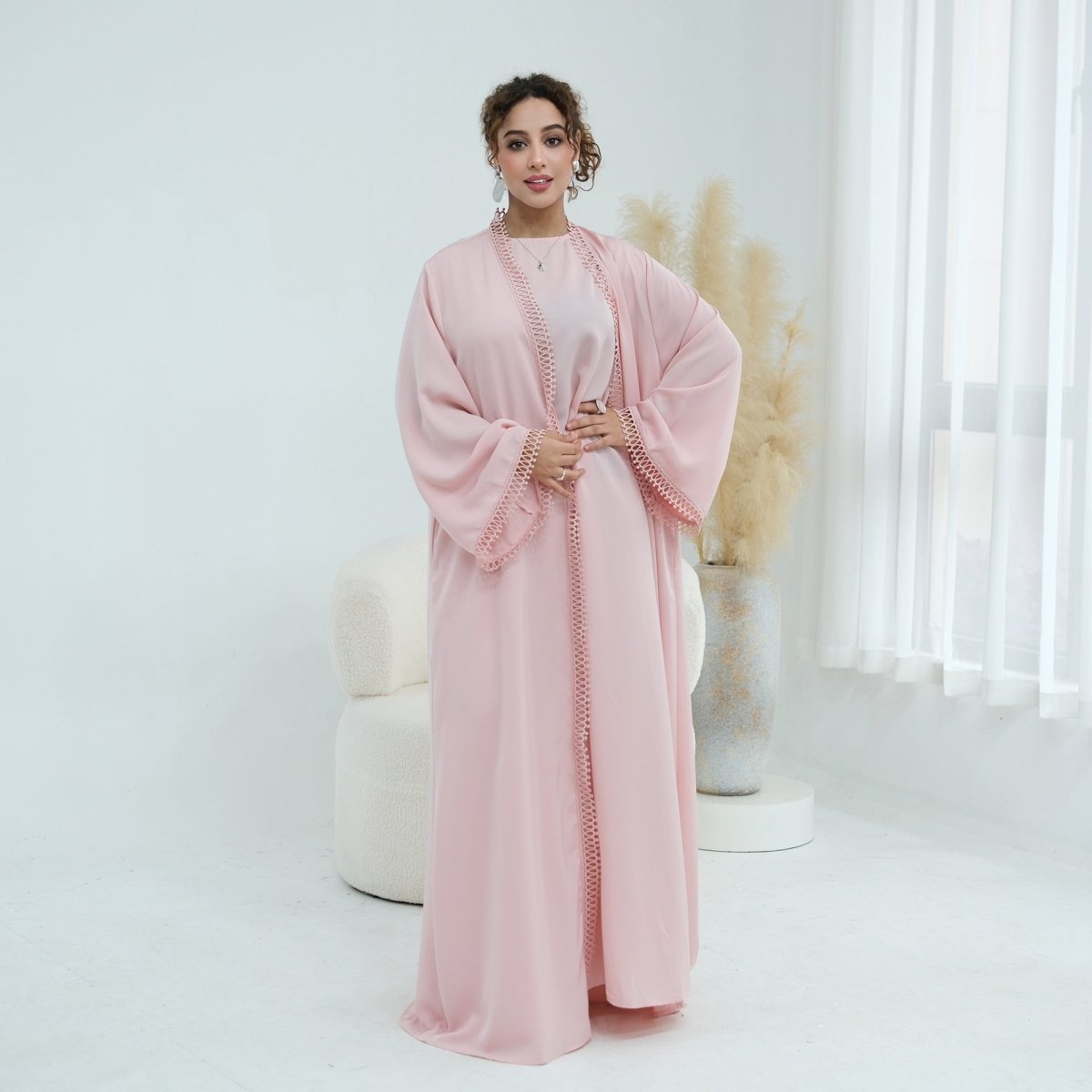 3D Lace Trim Open Abaya & Sleeveless Dress Set(MOA323)