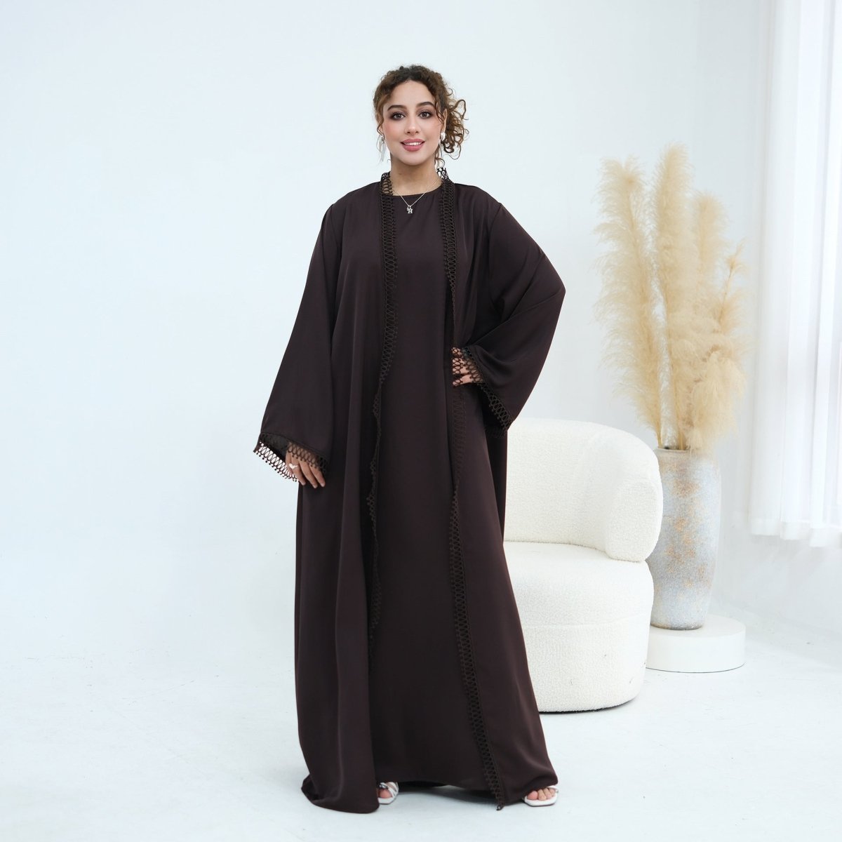 3D Lace Trim Open Abaya & Sleeveless Dress Set(MOA323)