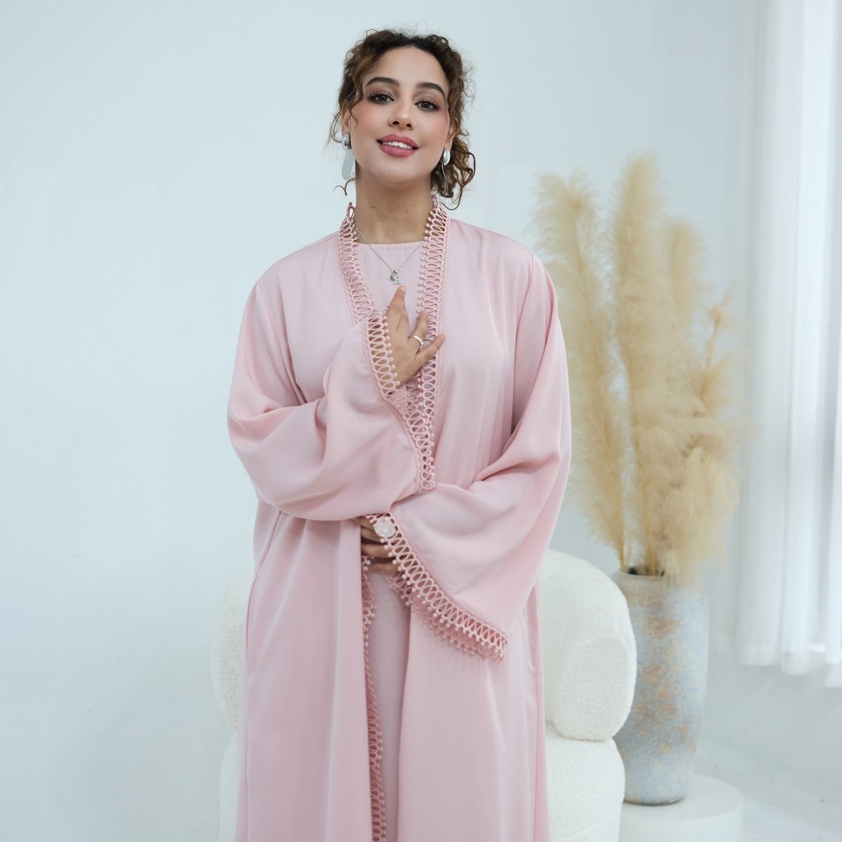 3D Lace Trim Open Abaya & Sleeveless Dress Set(MOA323)