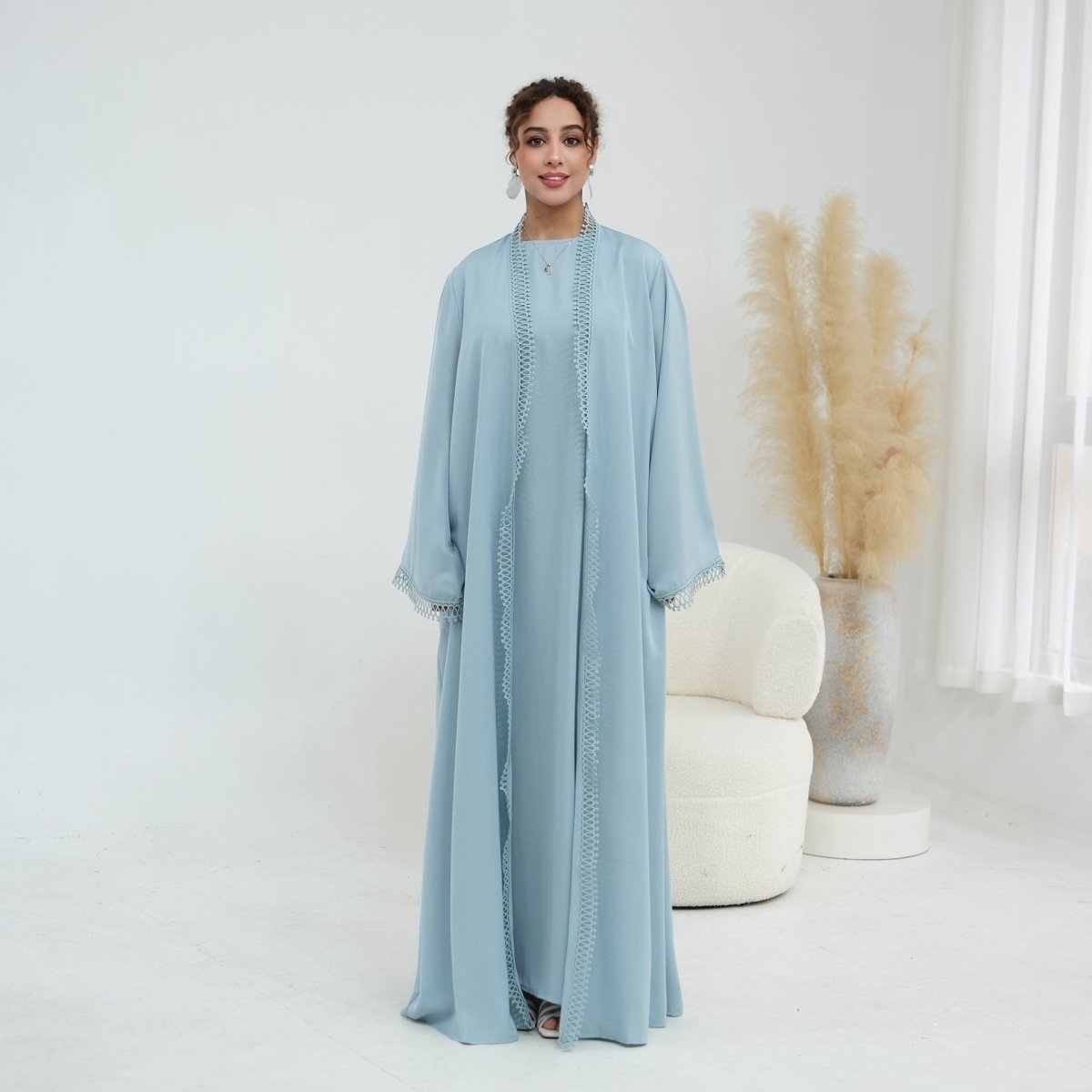 3D Lace Trim Open Abaya & Sleeveless Dress Set(MOA323)