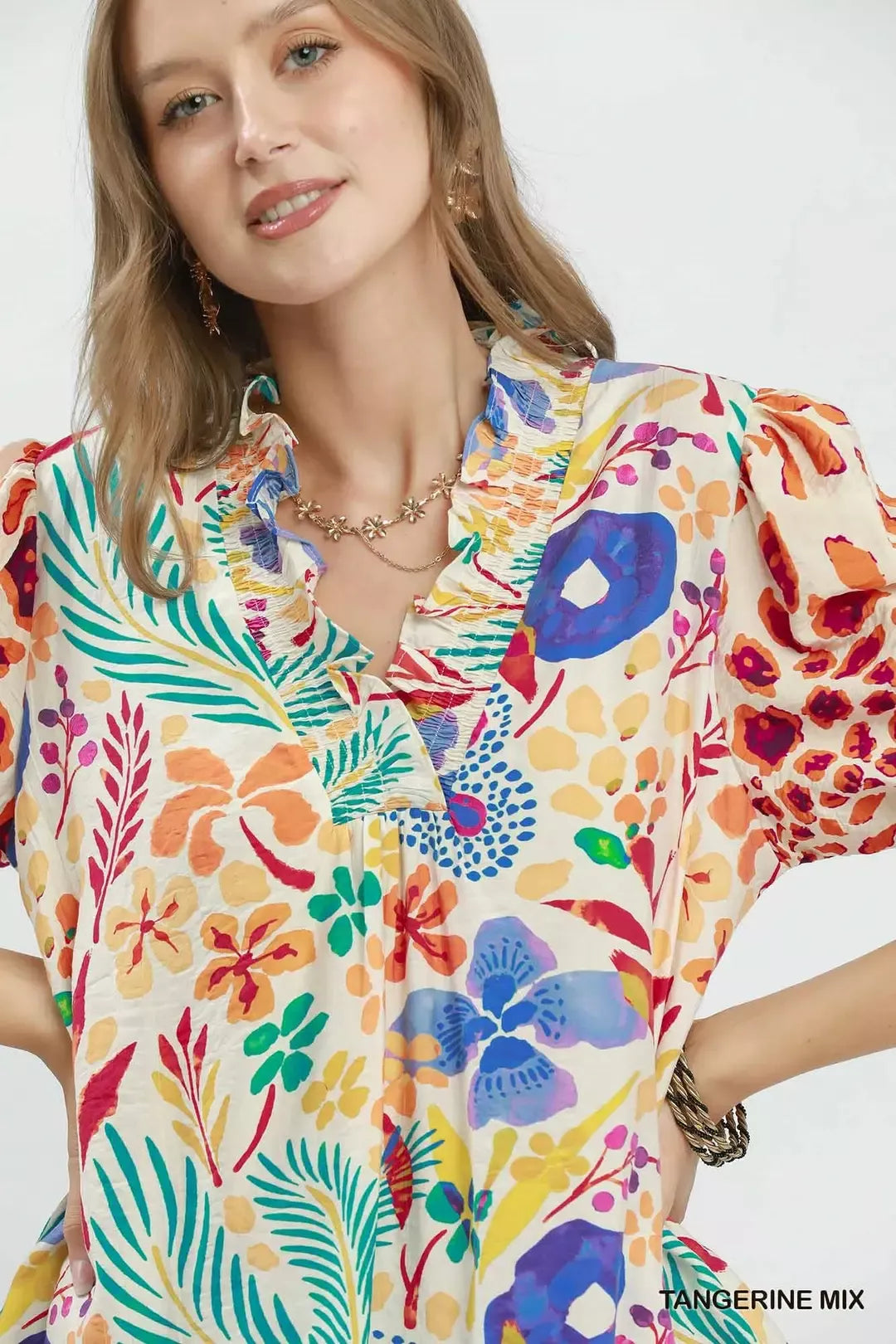 Umgee V-Neck Ruffle Trim Puff Sleeve Top