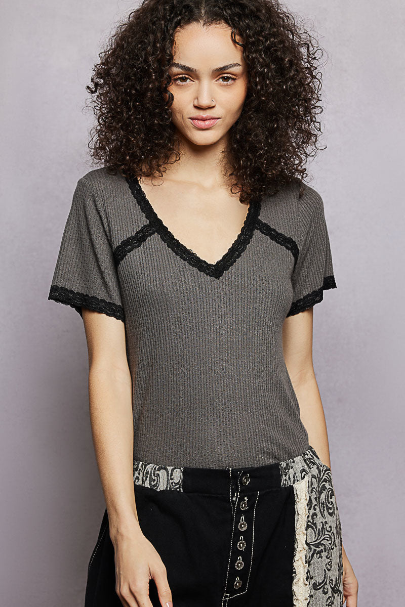 POL Lace Detail V-Neck Short Sleeve Textured T-Shirt