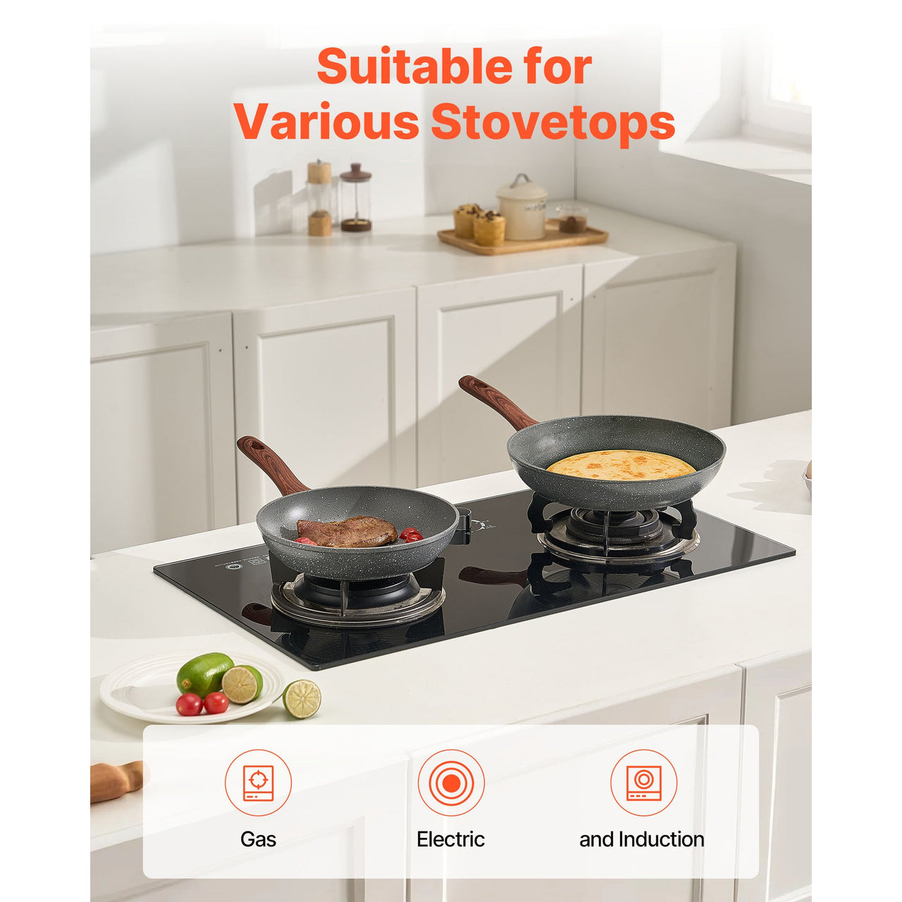 3 Piece Frying Pan Aluminum Skillet Set 9.5 11 12 in Nonstick Pre-Seasoned Grey