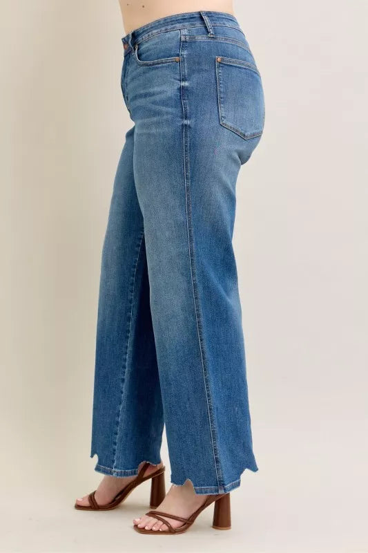 Judy Blue Full Size High Waist Tummy Control Chew Hem Destroyed Wide Jeans Plus Size