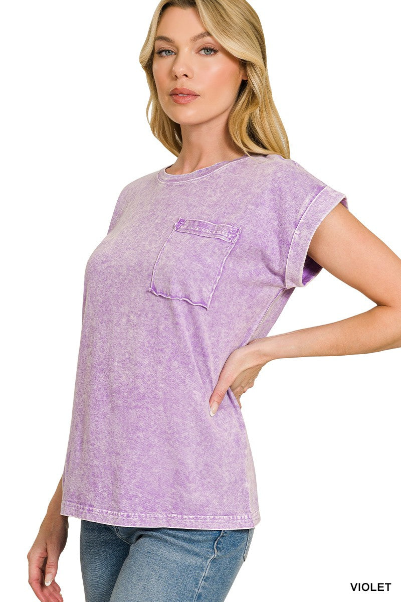 Zenana Halo Snow Washed Cuffed Short Sleeve Tee