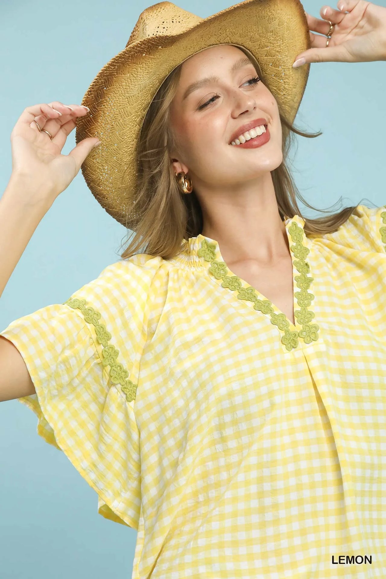 Umgee Gingham Lace Trim Top